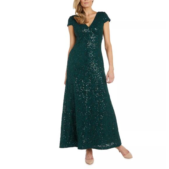 Green Sequined Lace A-Line Evening Gown Size 6 R&M Richards Long Formal Dress - Picture 10 of 11